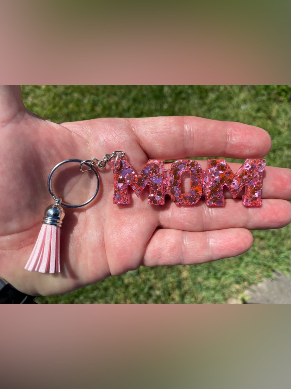 Pink 'MOM' Glitter Keychain with Tassel